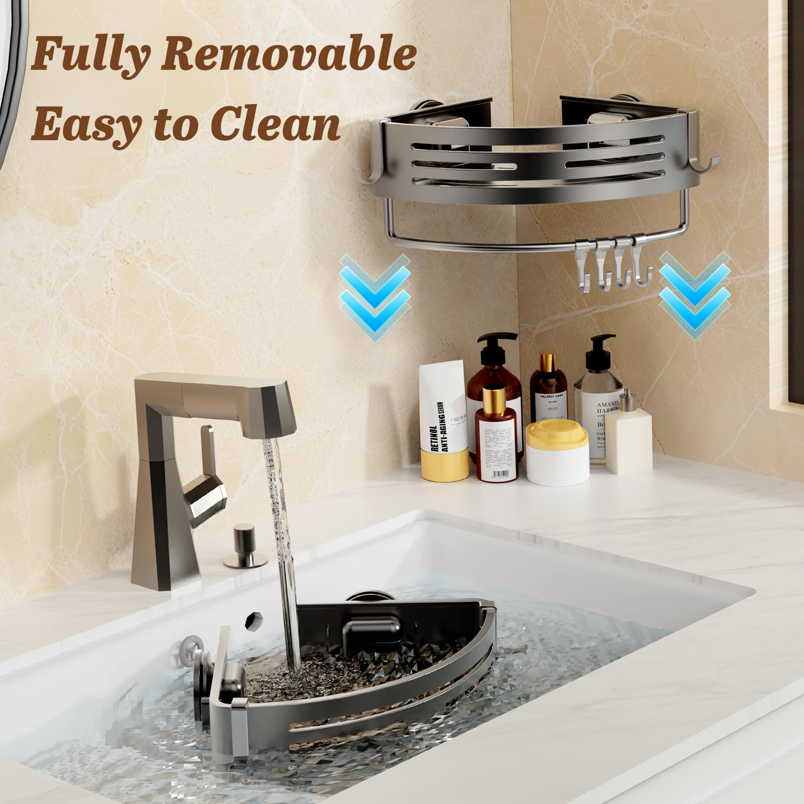 SUBUCOYO Corner Shower Caddy Suction Cup, 2 Pack Shower Shelves Corner No Drilling, Aluminum Alloy Shower Organizer Suction Cup, Removable Bathroom Storage Rack with Towel Bar & Hooks(Gray)