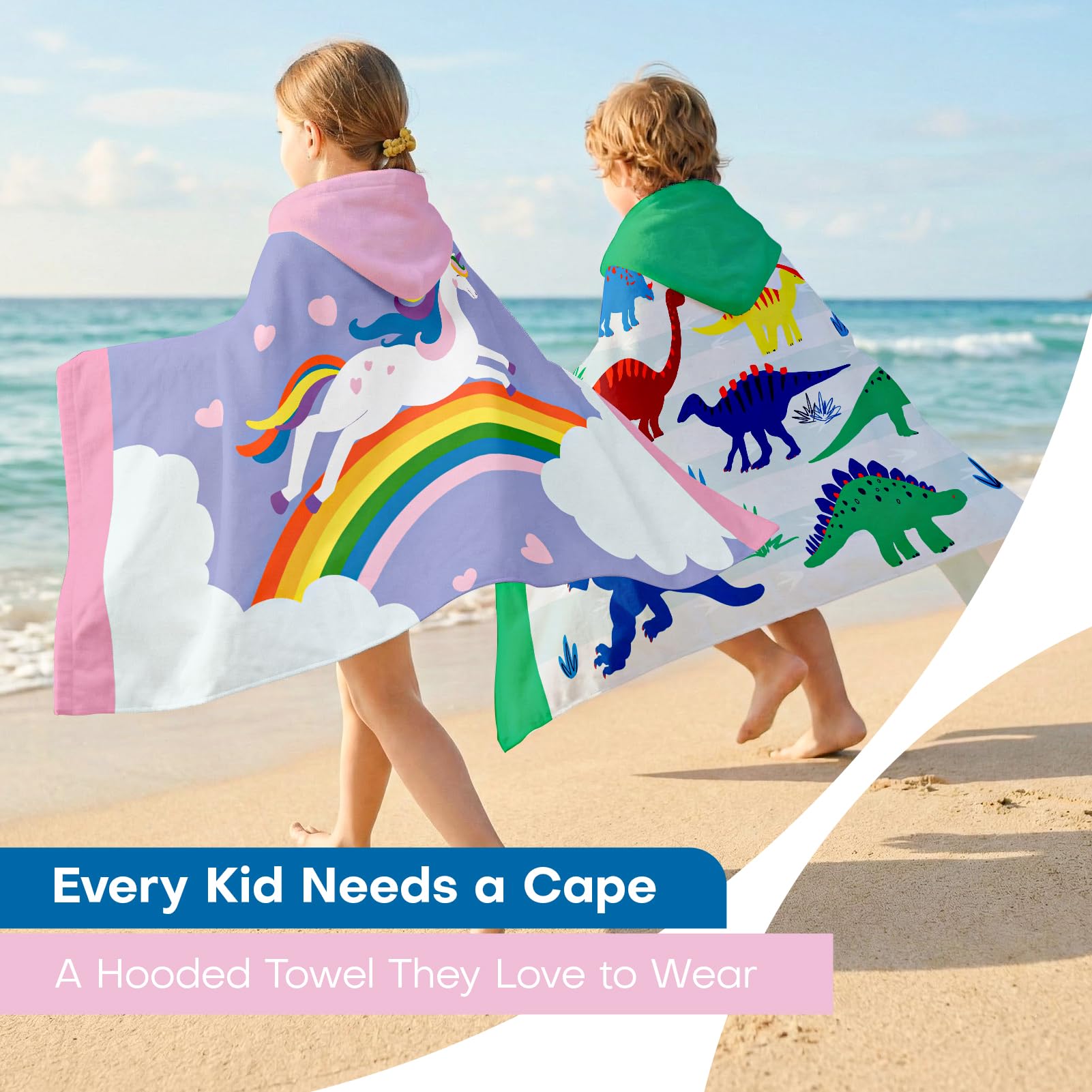 Kids Hooded Beach Towel, 100% Cotton Super Soft and Absorbent Bath Towel, 50" x 30" Large Size with 2 Snap Buttons for Ages 3-10, Cozy Cover Up for Pool, Beach, and Bath Time (Mermaid Unicorn)