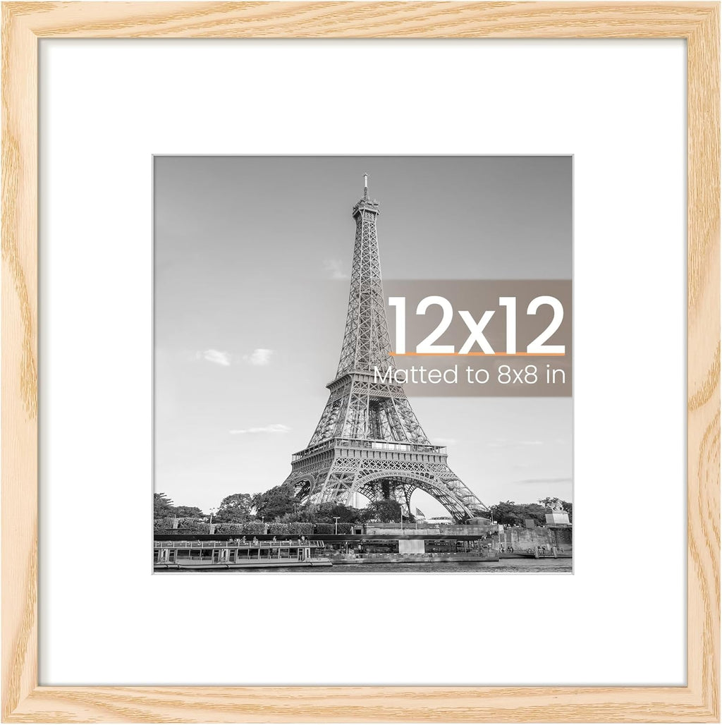 Upsimples 12x12 Picture Frame - Display 8x8 Photos with Mat or 12x12 Without | Natural Wood Finish, 1 Pack