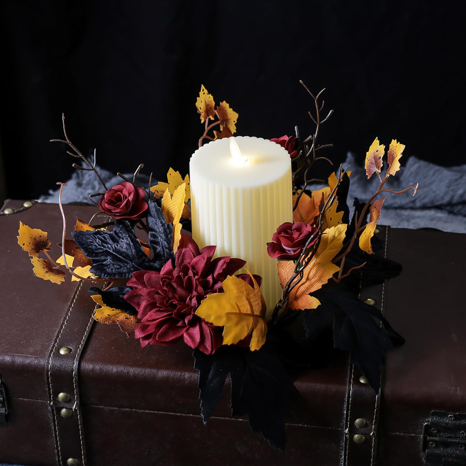 Regine Switzerland Halloween Candle Ring - Red Flowers & Artificial Maple Leaves | Perfect for Table Centerpieces