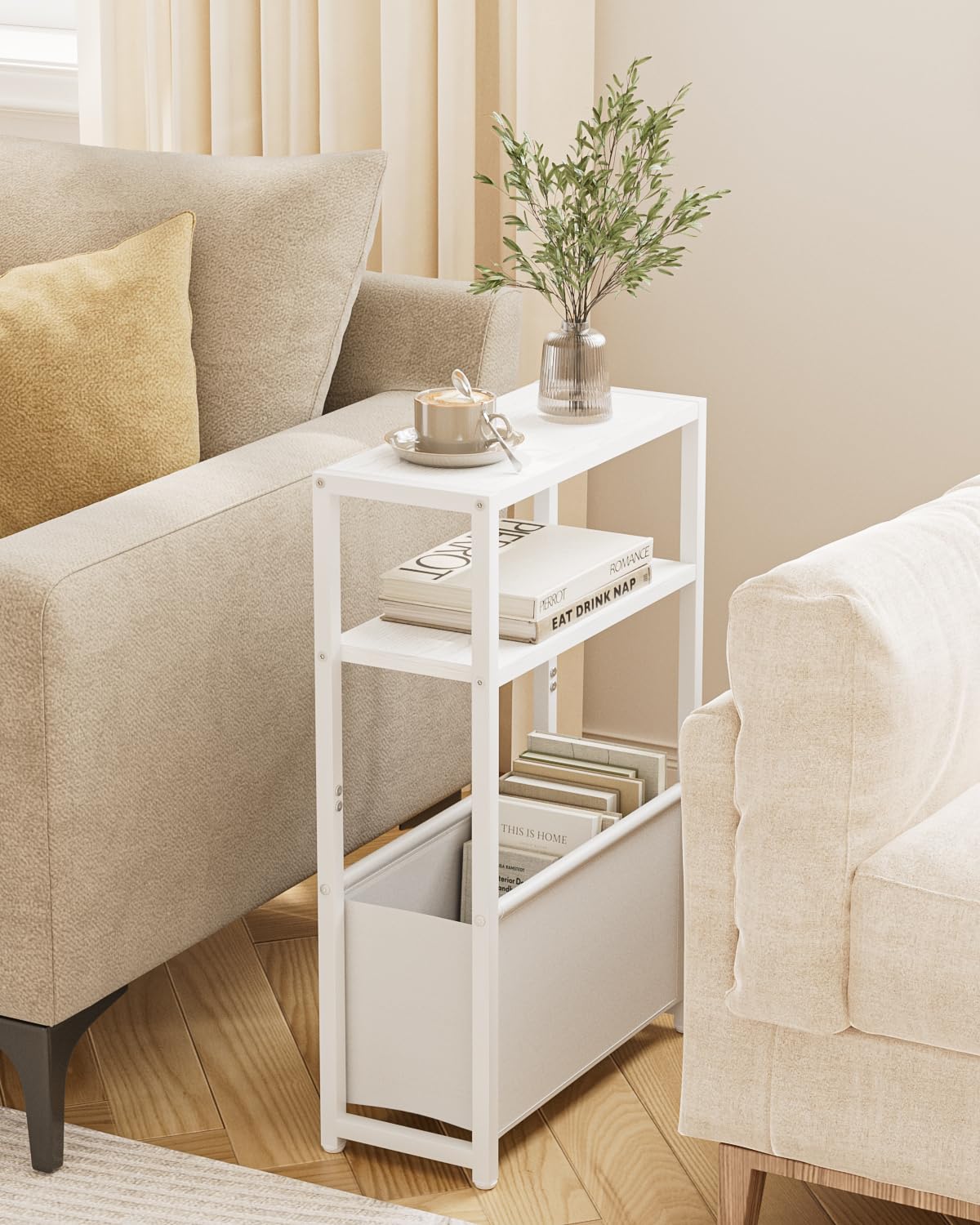 Apetaccat Narrow Side Table, 3-Tier Side Table with Storage Bag, Narrow Nightstand for Small Spaces, Bedside Table for Living Room, Bedroom, White