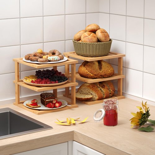 Danfoxer 2 Pack Bamboo Corner Shelf,3 Tier Kitchen Cabinet Organizer for Plates and Dishes,Pantry Storage and Spice Rack（Natural）