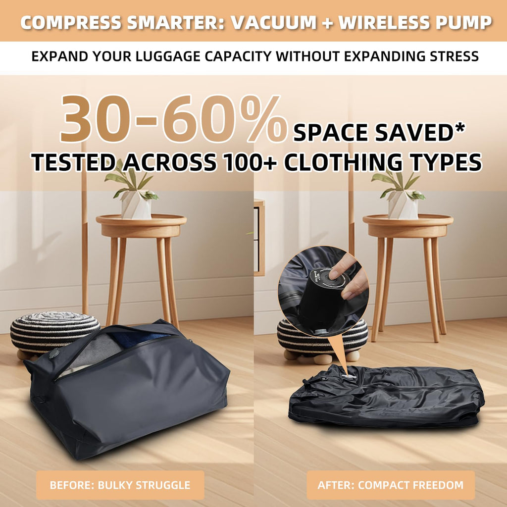 Vacuum Bags for Travel with Cordless Pump, 40L Airtight Compression TPU Bags,IP67 Reusable storage bag for Suitcase, Backpack, Luggage, Moving (1PC+Pump)