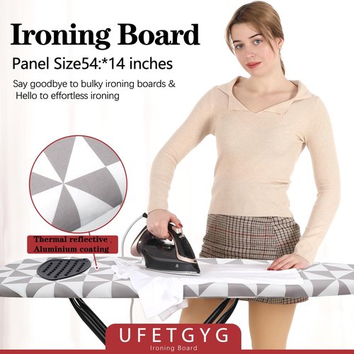 UFETGYG Ironing Board with Silicone Iron Rest pad,Extra Thick Cover,14x54 Compact and Space Saver Iron Board, Height Adjustable,Stable Structure, Easy to Fold, Gray and White