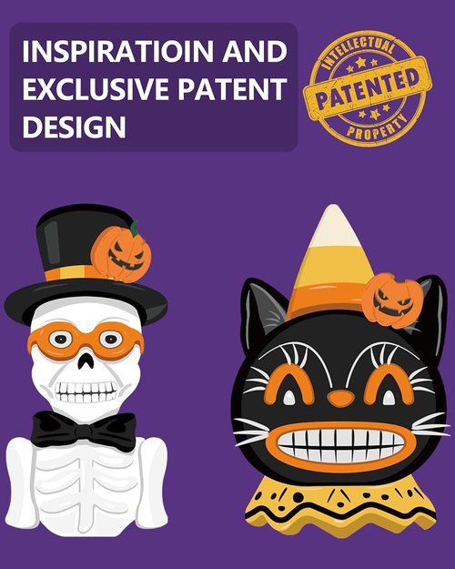GoGnome Vintage Halloween Decorations - 2-Pack Resin Skeleton & Black Cat Figurines with Pumpkin Lights | 4.7'' Table Decor