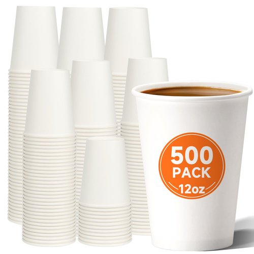 METAPRINT 500 Count 12 oz Disposable Paper Coffee Cups, White Hot Paper Cups for Cafes, Bistros, Parties, and Events