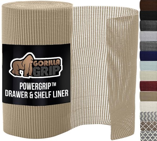 GORILLA GRIP powerGRIP Drawer Shelf and Cabinet Liner, Thick Strong Hold, Non-Adhesive Liners Protect Kitchen Cabinets and Cupboard, Bathroom Drawers, Easy Install, Breathable Mat, 20" x30', Beige