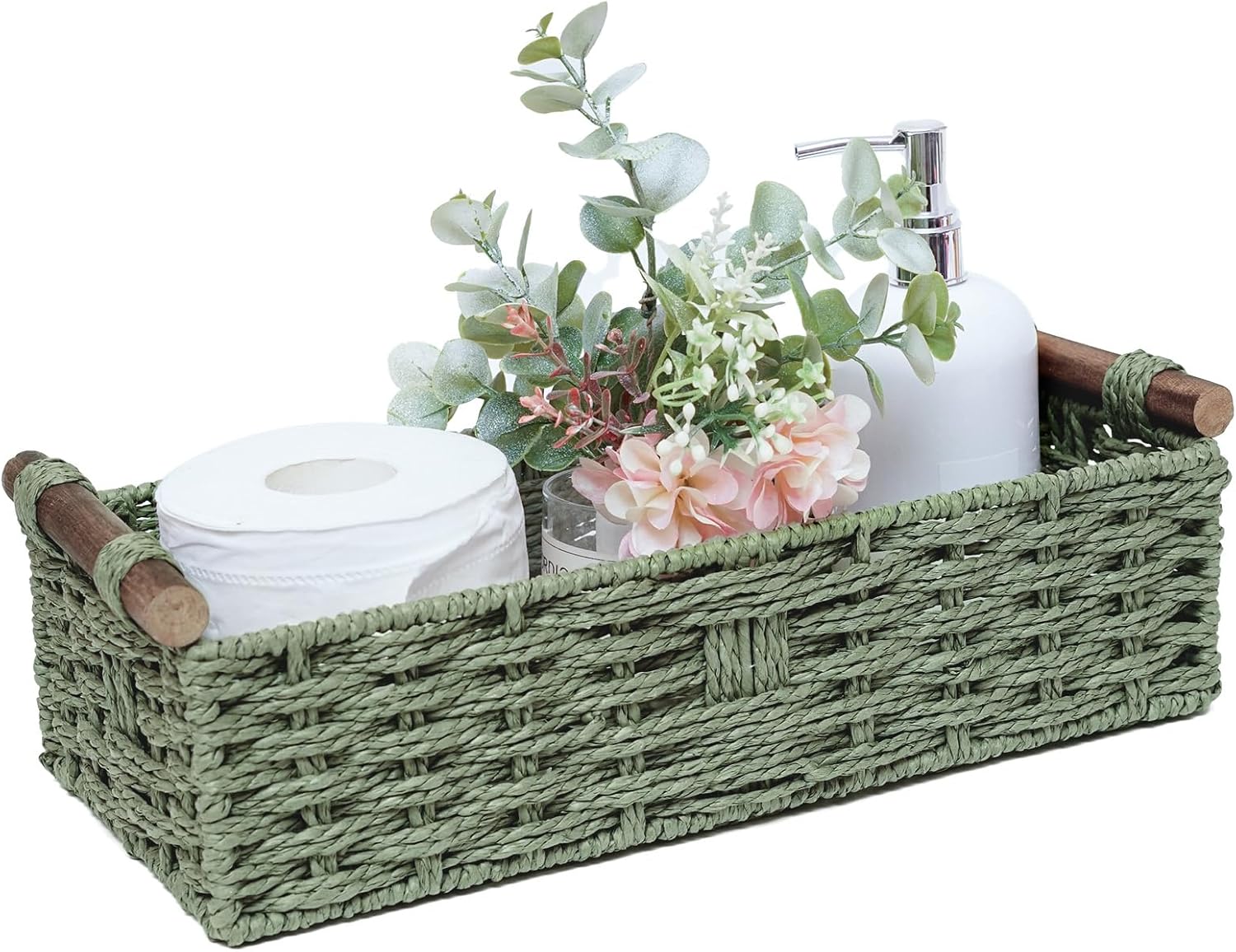 Skiennix Round Paper Rope Storage Basket - Decorative Wicker Organizer with Handle | Green, Small Size