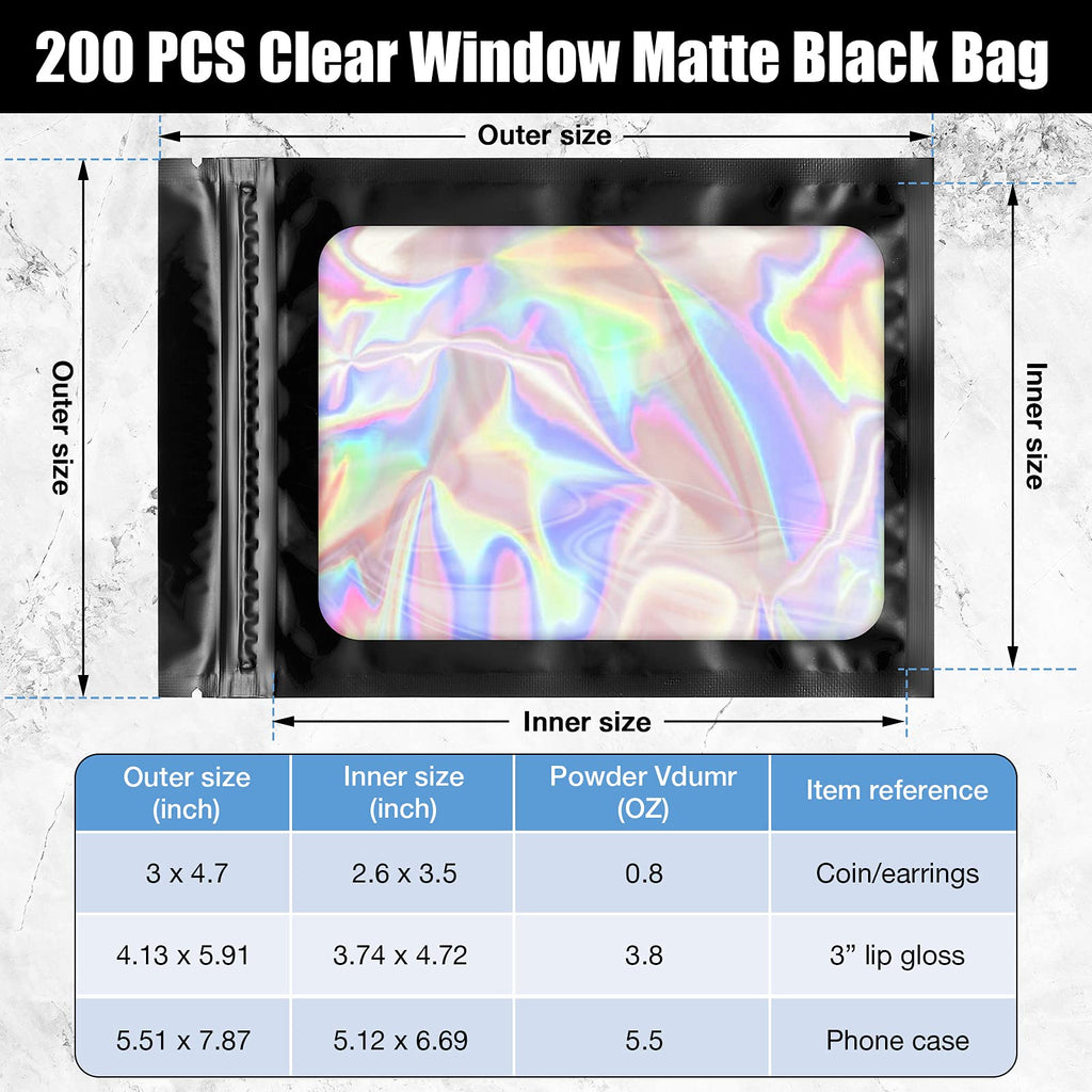 Marspark 200 Pieces Foil Bags 3 x 4.7 Inch Resealable Foil Bags with Clear Window Zipper Lock Black Packaging Pouch for Food Storage Sample Beans Cookies Jewelry Supplies(3 x 4.7 Inch)