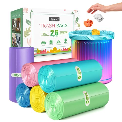 2.6 Gallon/330pcs Strong Trash Bags Colorful Clear Garbage Bags by Teivio, Bathroom Trash Can Bin Liners, Small Plastic Bags for home office kitchen,fit 10 Liter, 2,2.5,3 Gal, Multicolor