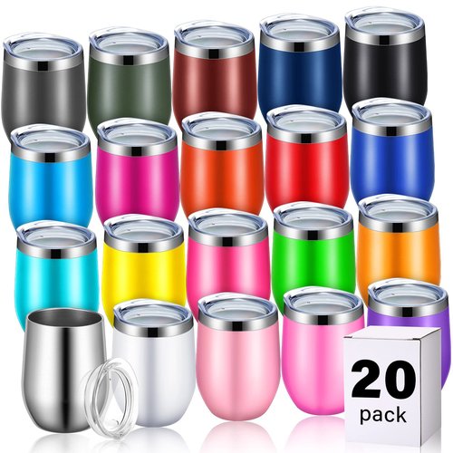 20 Pack Stainless Steel Wine Tumblers with Lids Bulk 12 oz Double Wall Insulated Wine Cups Stemless Powder Coated Glass for Coffee Cocktails Champagne Laser Engrave DIY Gift, 20 Assorted Colors