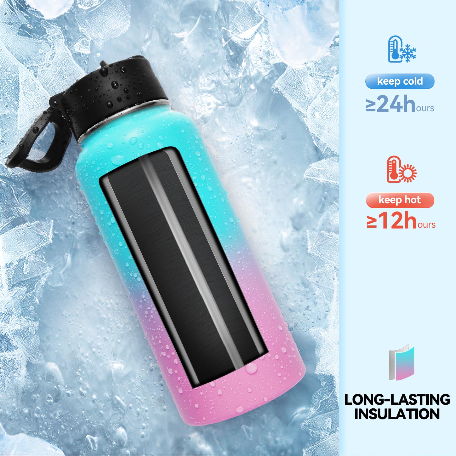 Neihepal 32 oz Insulated Water Bottles with 2 Lids (Straw & Spout Lid), 18/8 Stainless Steel Double Wall Water Bottle for Gym, Travel, Camping, Sports (Assorted,2 Pack)
