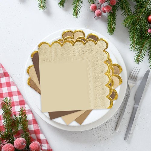 FALIZIFU 50 Pieces 2-Ply Brown Scalloped Napkins with Gold Foil Cocktail Napkins Disposable Paper Napkins for Dinner Wedding Baby Shower Birthday Party Beverage Napkins