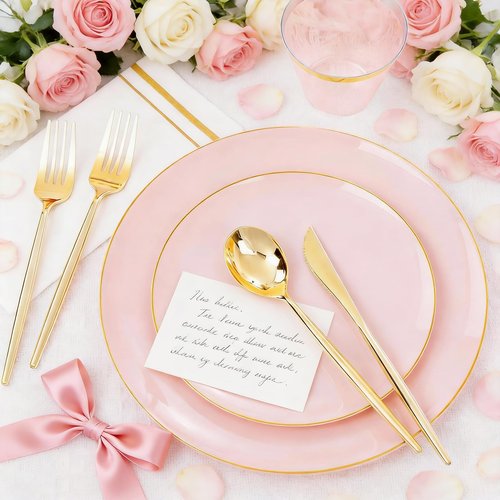 MirthMood 350PCS Pink Plastic Plates with Gold Rim – Plastic Plates Set Includes 50 Dinner,50 Dessert Plate,50 Cup&50 Napkins 150 Gold Silverware for Wedding&Birthday Parties&Valentine's Day
