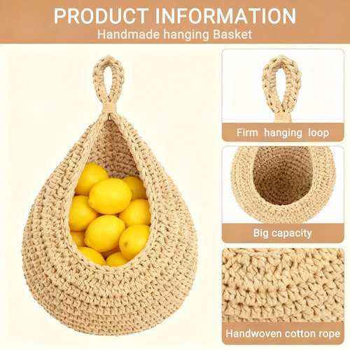 Big Wall Hanging Mounted Fruit and Vegetable Baskets (16in×13in) for Kitchen,3 Pack Boho Storage Baskets with Handwoven Large Strong Hooks for Organizing Potato Onion etc. Plants Decor Organizer.