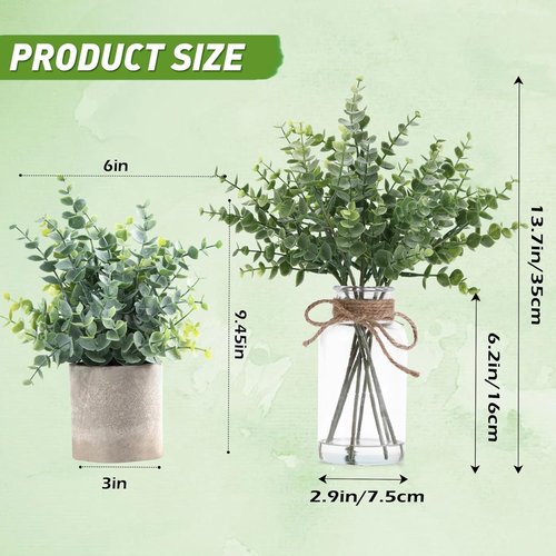 Coferset Eucalyptus Stems - Realistic Faux Plants in Glass Vase with Faux Water | 14" Sage Green Decor