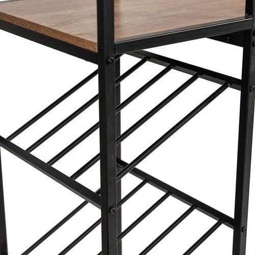 Flash Furniture Jura Metal Bar and Wine Table with Bottle and Stemware Storage, 2 Slanted Bottle Shelves, 3 Stemware Hangers, Waterproof Table Top, Black/Light Brown