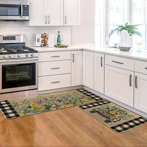 Artoid Mode Truck Flowers Spring Kitchen Mats Set of 2, Summer Home Decor Low-Profile Kitchen Rugs for Floor - 17x29 and 17x47 Inch