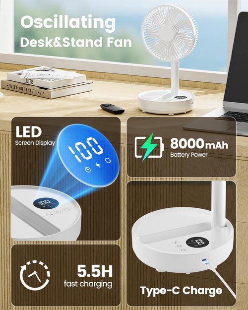 Edvision 8" Portable Oscillating Standing Fan, 8000mAh Rechargeable Pedestal Fan with Remote, Foldable Quiet Travel Fan, 8H Timer, Height Adjustable, Floor & Desk fan for Bedroom, Camping, Office