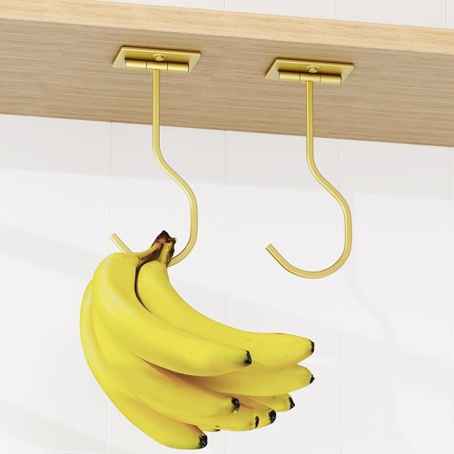 Bussdis Banana Hook - 2-Pack Foldable Metal Hanger | Space-Saving Under Cabinet Holder in Gold