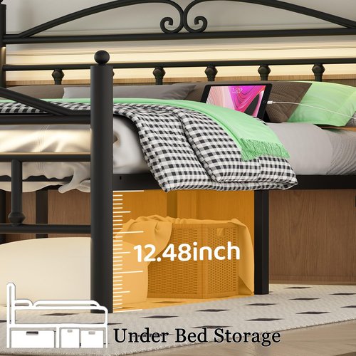 Samurbex Full Size Bed Frame with Charging Station,Black Metal Platform Bed Frame with LED Lights,Heavy Duty Metal Steel Slats Support,No Box Spring Needed,Noise Free,Easy to Assemble