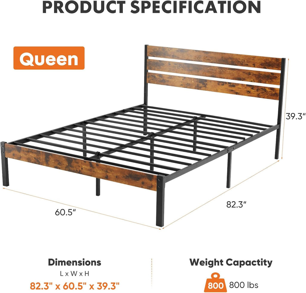 Sweetcrispy Queen Size Bed Frame - Sturdy Metal Support, Under Bed Storage, Easy Assembly | Rust Brown