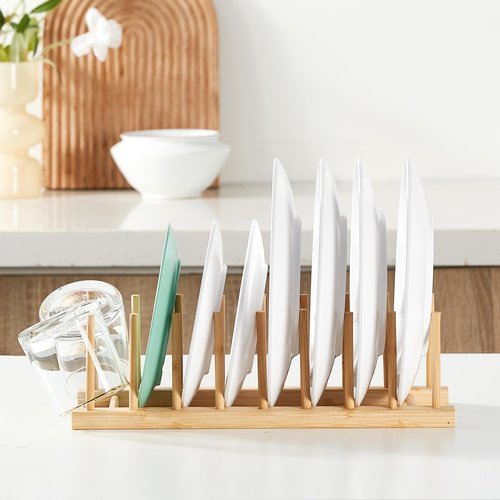 NOVAYEAH 2 Pack Bamboo Wooden Dish Rack-Plate Pot Lid Cutting Board Organizer Holder Rack for Cabinet-Kitchen Cabinet Organizer for Dish, Pots, Lids, Bowls, Bottles, Books, and Puzzle