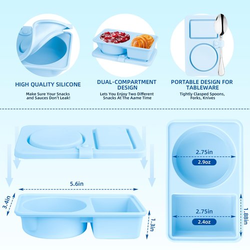 Tizuxa 3 Pack Silicone Reusable Snack Containers with Lids, Double Compartment Snackle Box Containers, Salad Dressing Sauce Seasoning Container, Small Mini Food Snack Boxs for Travel, Office, Picnic