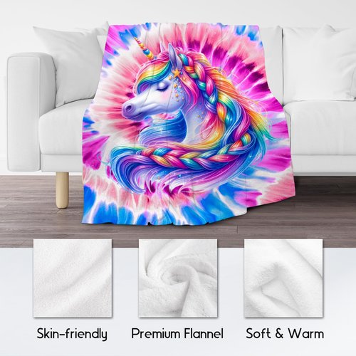 UNIKITTY Girls Blanket, Unicorn Blanket Gifts for Girls Women, 60"x80" Tie Dye Rainbow Throw, Fuzzy Flannel Kids Throws for Unicorn Lovers