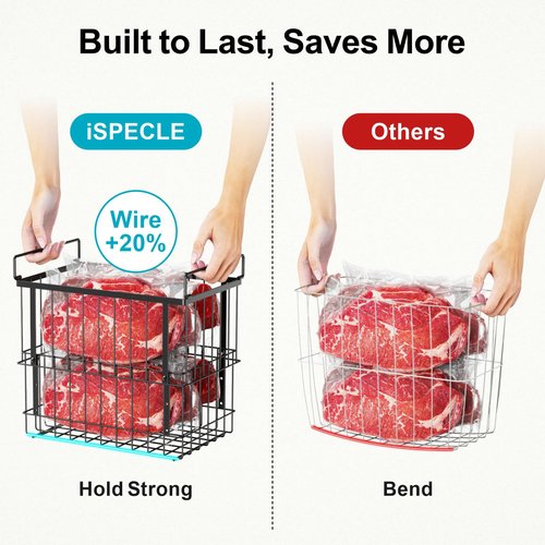 iSPECLE Freezer Organizer Bins, 2 Pack Fits 12" Pizza Adjustable for 5 to 7 Cu.Ft Chest Freezer, Stackable Wire Baskets with Handles, Heavy Duty Storage for Bulk Meat & Frozen Food, Black