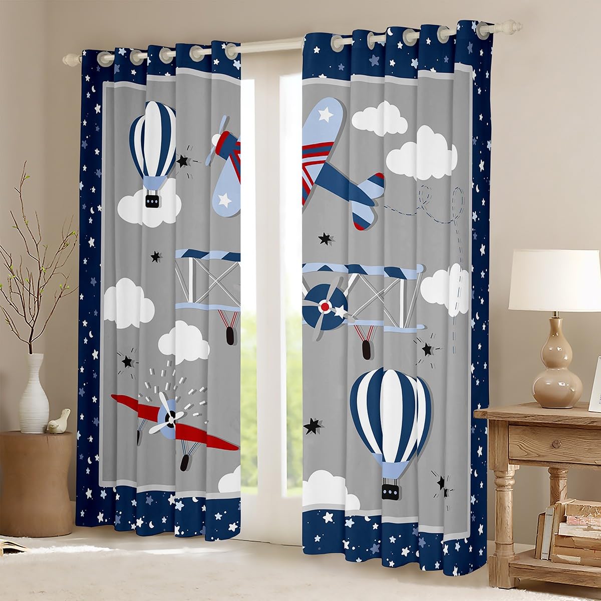 Kids Cartoon Airplane Window Curtain Navy Stripes Hot Air Balloon Aircraft Curtains Boys Teens Room Decor Cloud Starry Moon Blackout Window Treatment Chic Grey Window Drapes,Top 2 Panel,42Wx84L