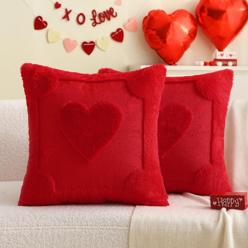 aolime Valentine's Day Pillow Covers Decoration, 18 x 18 Inch Set of 2 Red Arrow Love Heart Soft Plush Faux Fur Throw Pillow Cases for Chair Sofa Bedroom Living Room Home Decor