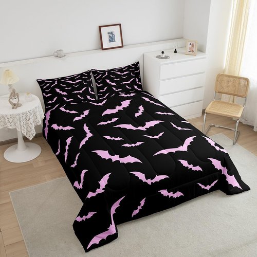 Erosebridal Halloween Bedding Set Full Size for Kids Boys Youth Pink Bats Comforter Set Happy Holiday Gothic Quilt with 2 Pillow Cases Spooky Animal Bedding Comforter Sets