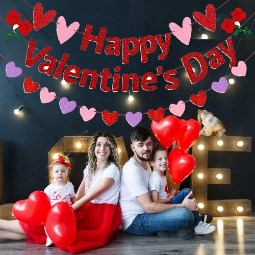 Pre-Strung Happy Valentine's Day Banner, Glitter Valentines Day Bunting Sign Decorations with Red Pink Purple Heart Garland for Indoor Home Wedding Engagement Anniversary Party Photo Backdrop Decor