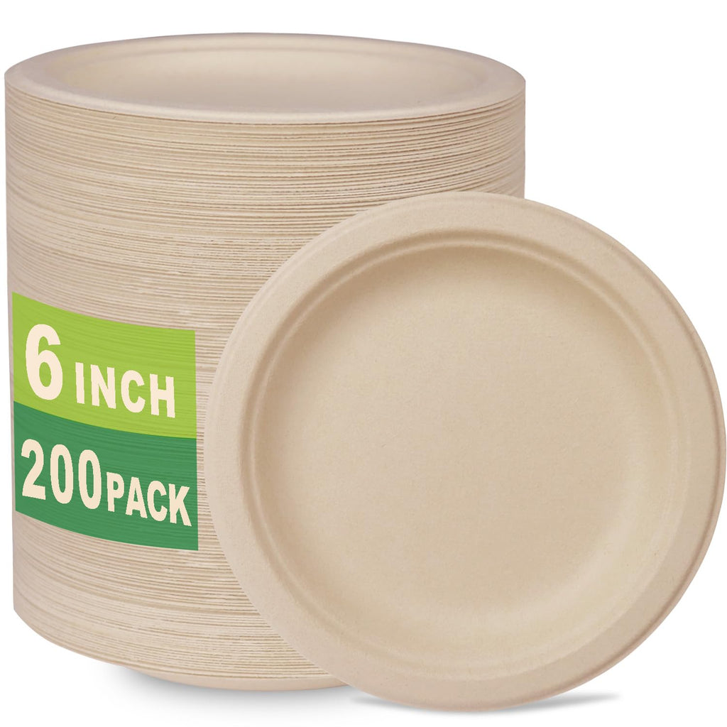 GreenWorks 200 Count 6“ Small Compostable Dessert Plates, Heavy-duty Unbleached Biodegradable Bagasse and Bamboo fiber Paper Plates …