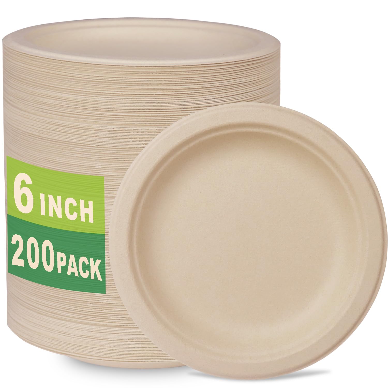 GreenWorks 200 Count 6“ Small Compostable Dessert Plates, Heavy-duty Unbleached Biodegradable Bagasse and Bamboo fiber Paper Plates …