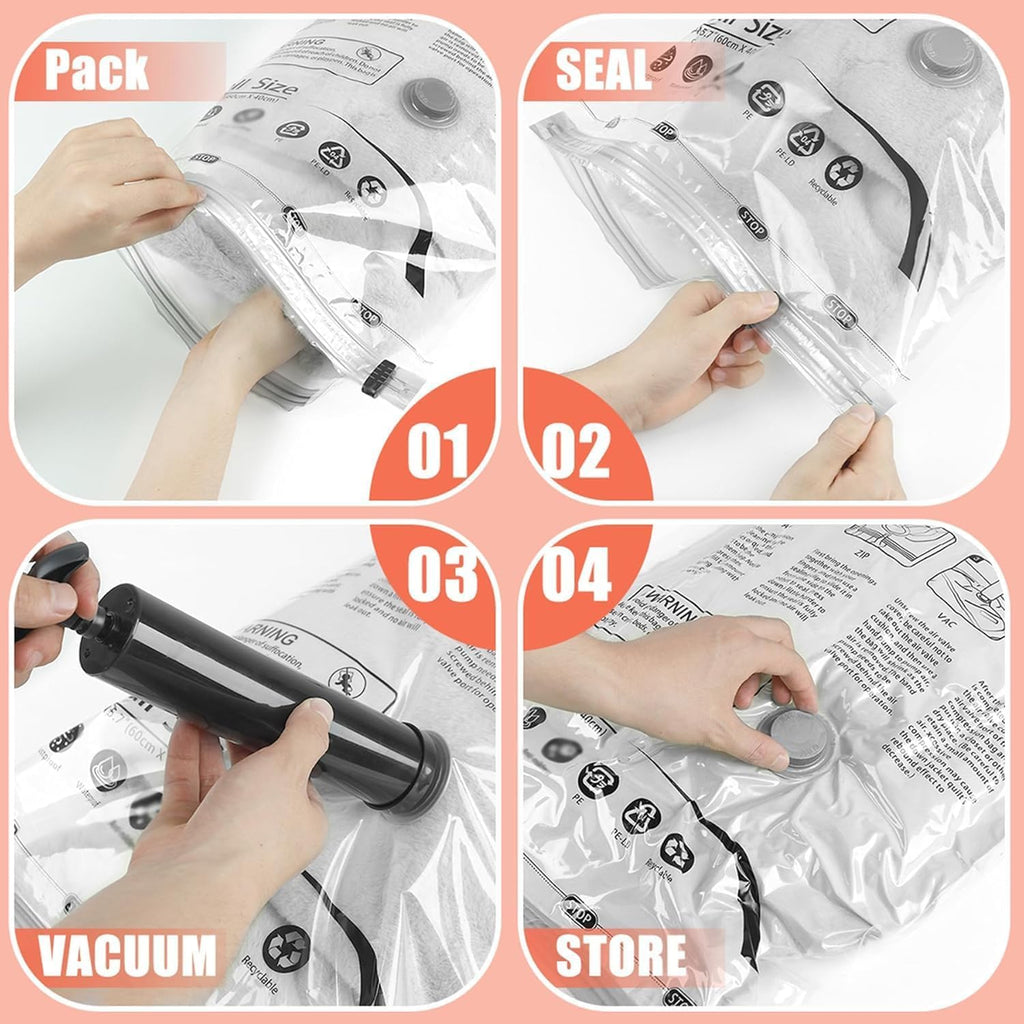 Skiennix Vacuum Storage Bags - Space Saver Compression for Comforters & Blankets | 6 Medium Bags with Hand Pump