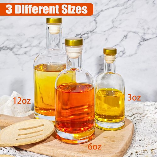 HINGWAH 12 Pack 3oz Glass Bottles with Cork Lids, 100ml Clear Liquor Bottles with T-Top Stopper for Whisky, Wine, Beverages, Beer, Drinks, Oil, Juices (Shrink Capsules and Funnel Included)