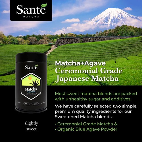 Santé Matcha + Agave – Ceremonial Grade Japanese Matcha with Organic Agave – First Harvest from Aichi Prefecture – 1LB for Lattes, Iced or Hot