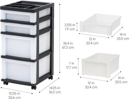 IRIS USA Rolling Drawer Storage Organizer Cart - 4 Drawers with Wheels for Art & Craft Supplies | Black/Pearl