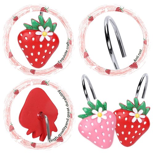 Whaline 12Pcs Strawberry Daisy Shower Curtain Hooks Red Pink Strawberry Summer Shower Rod Rings Decorative Resin Curtain Hanger Hooks for Living Room Bedroom Bathroom Decor