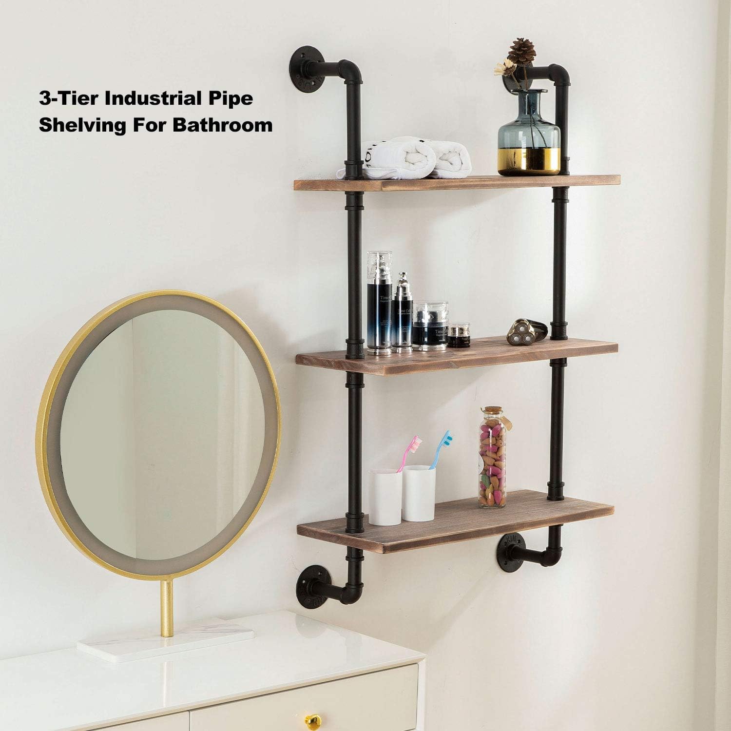 ROGMARS 3-Tier Floating Shelf - Real Pine Wood, Industrial Retro Style | 20x7.87x41.3in for Bathroom & Kitchen