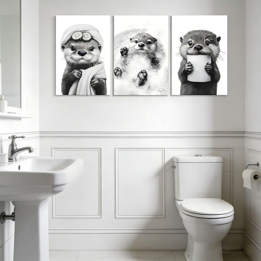 Skiennix Cute Otter Canvas Wall Art - Funny Black and White Bathroom Decor | 3-Piece Set