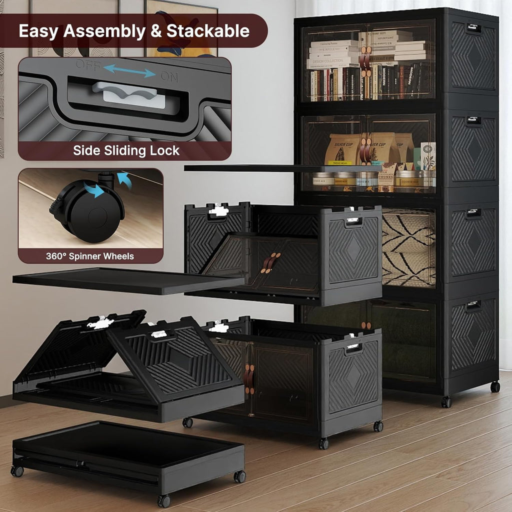 UAMFURI Stackable Storage Bins - 720QT Lockable Cabinet with Lids & Wheels | Extra Large Black Drawers for Home & Office