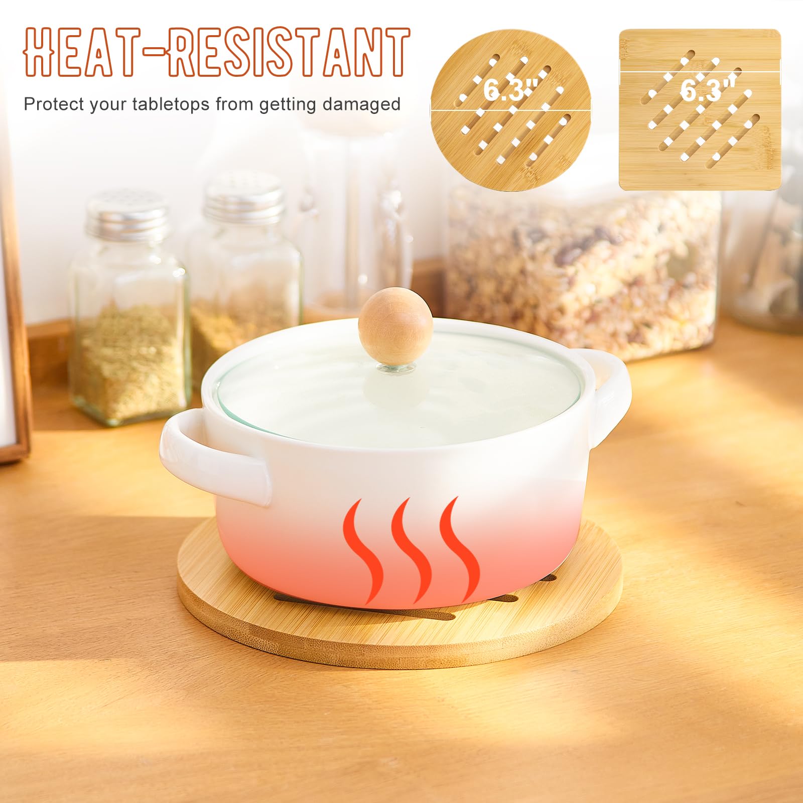 GHWIE Bamboo Trivet with Stand -Heat Resistant Pot Holders for Kitchen,Multi-Purpose Hot Pads,Hot Plate Mats,Large Stove Mat-Air Fryer Accessories and Trivets for Hot Dishes,8PCS