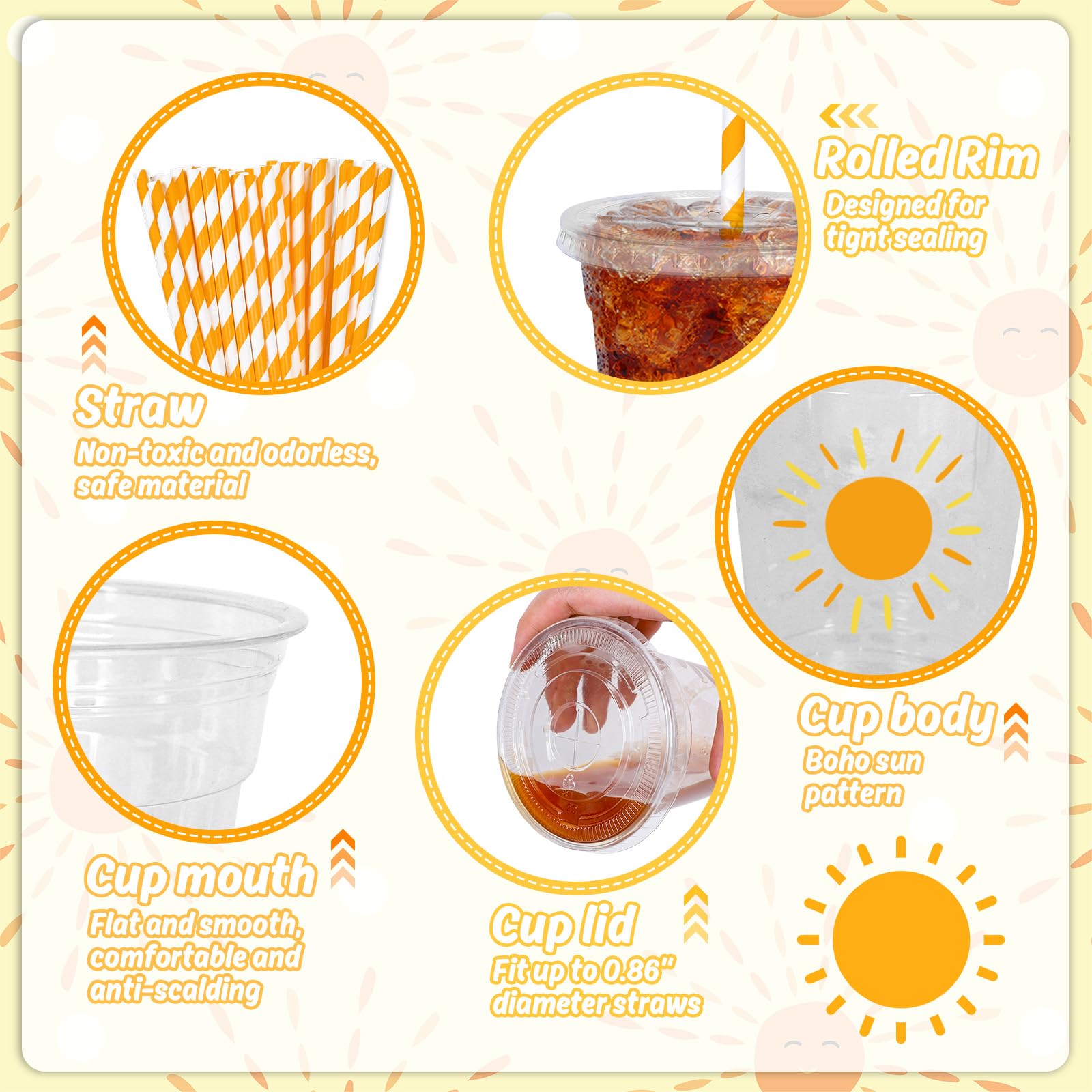 Whaline 50Pcs Boho Sun Disposable Plastic Cups with Lids and Straws 12 Oz Sunshine Cold Beverage Drinking Cups for Birthday Baby Shower Party Supplies