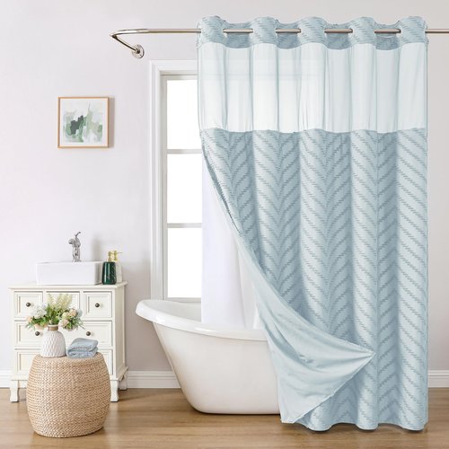 eachope No Hook Boho Farmhouse Shower Curtain with Snap-in Fabric Liner set-71Wx74H(72H),Tufted Chevron Striped Hotel Grade Cloth Shower Curtains for Bathroom with Window,Water Repellent,Fog Blue