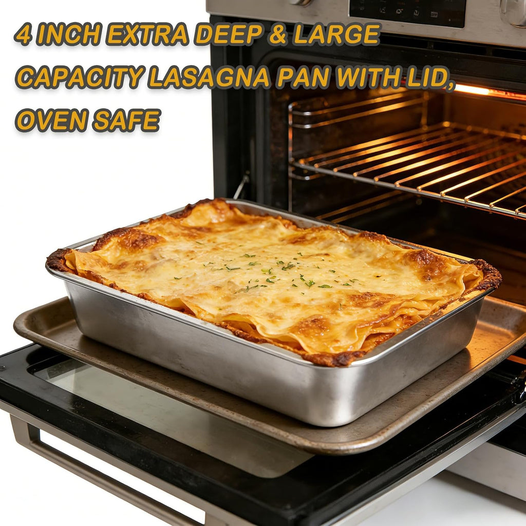 Stainless Steel Baking Pan Set by [Brand Name] - 2-Piece Lasagna & Roasting Pans with Lids | 4-Inch Deep, 7.4 QT + 5.1 QT
