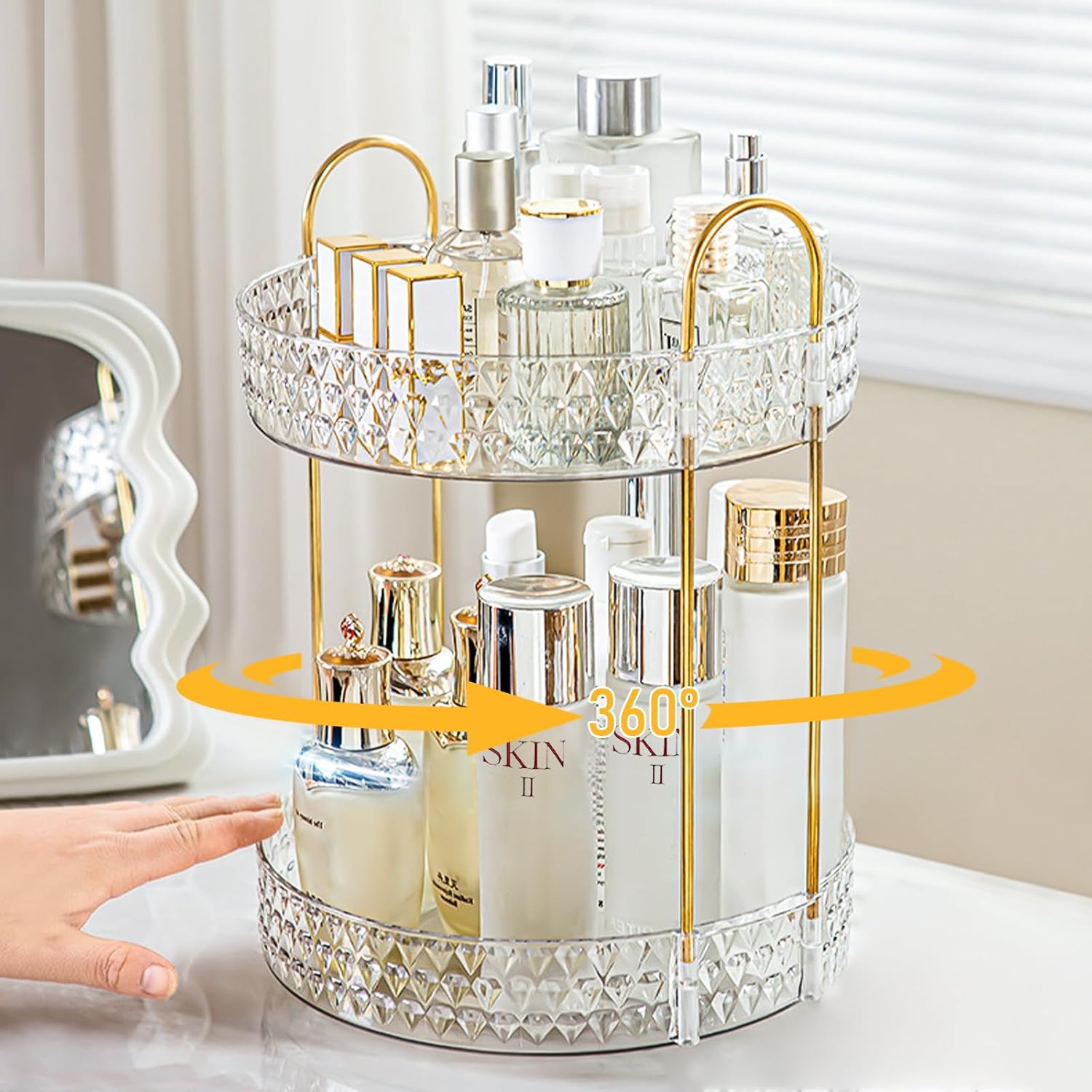 Skiennix Rotating Makeup Organizer - 2 Tier Perfume & Skincare Storage for Vanity | 360 Spinning Clear Holder