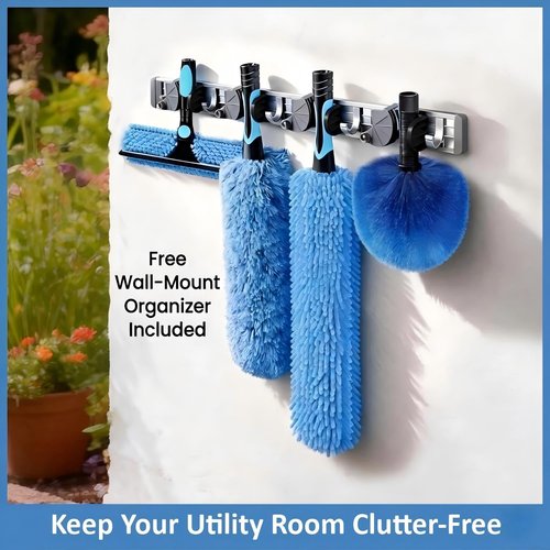 20ft High Ceiling Duster Kits with 5-12ft Heavy Duty Extension Pole - Fan Blade Cleaner, Cobweb Remover & Blue Window Squeegee Kit, Washable Dust Brush for High Roof and Glass Surfaces